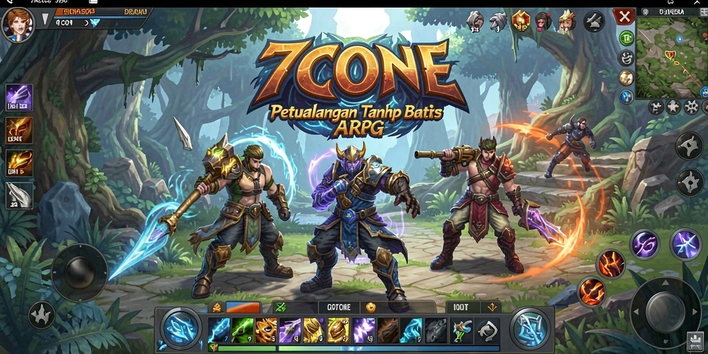 Tangkapan layar utama <strong>7CONE</strong> menampilkan pertarungan epik di dunia fantasi.