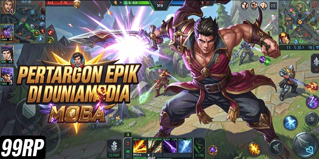 Gameplay seru dalam 99RP dengan aksi MOBA menegangkan.