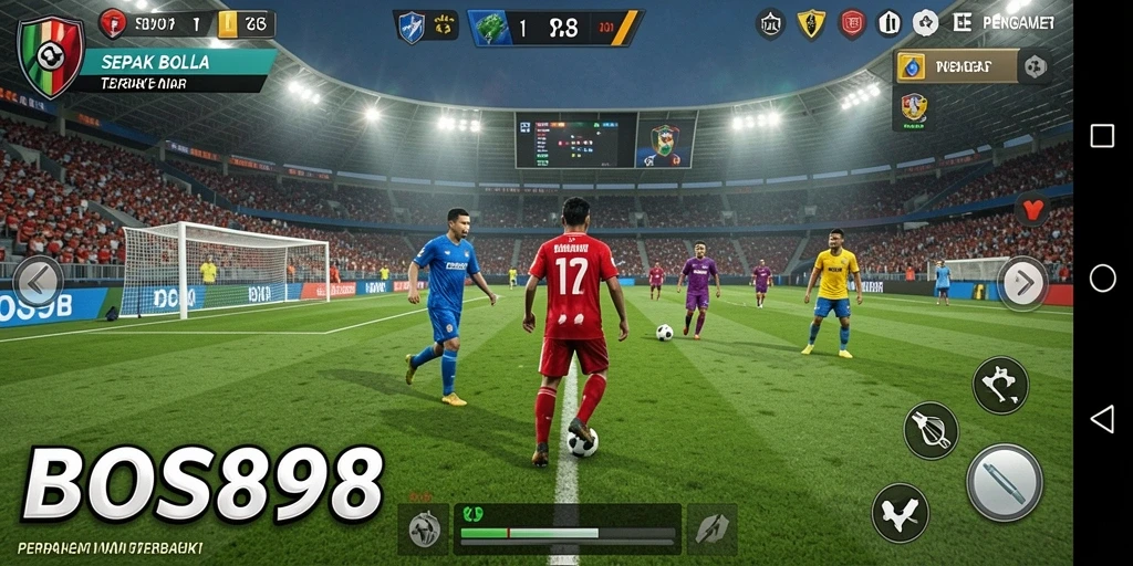 Tangkapan layar menampilkan aksi gameplay intensif di lapangan sepak bola.